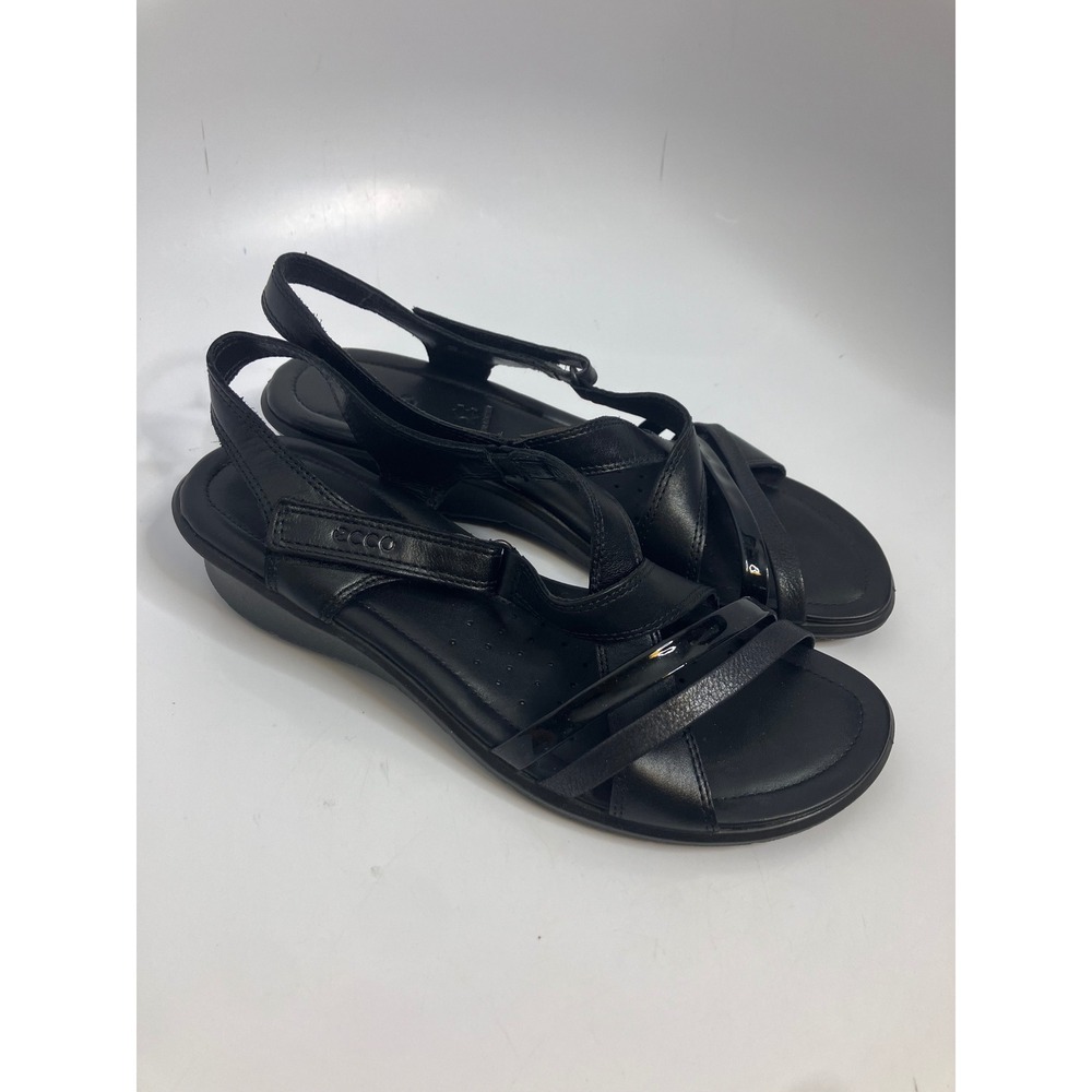 ECCO Felicia Slingback Sandals Womens 39 Black Excellent Leather Wedge Strappy
